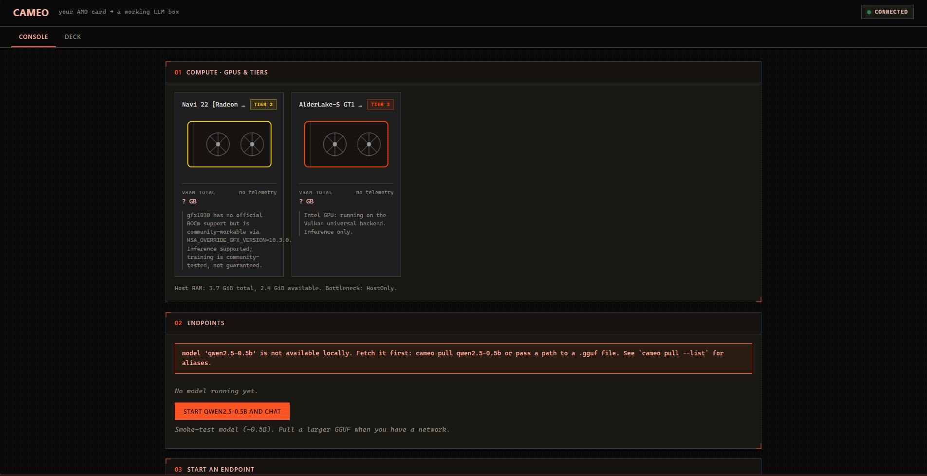 Cameo console: GPU list, endpoints, start a smoke-test model
